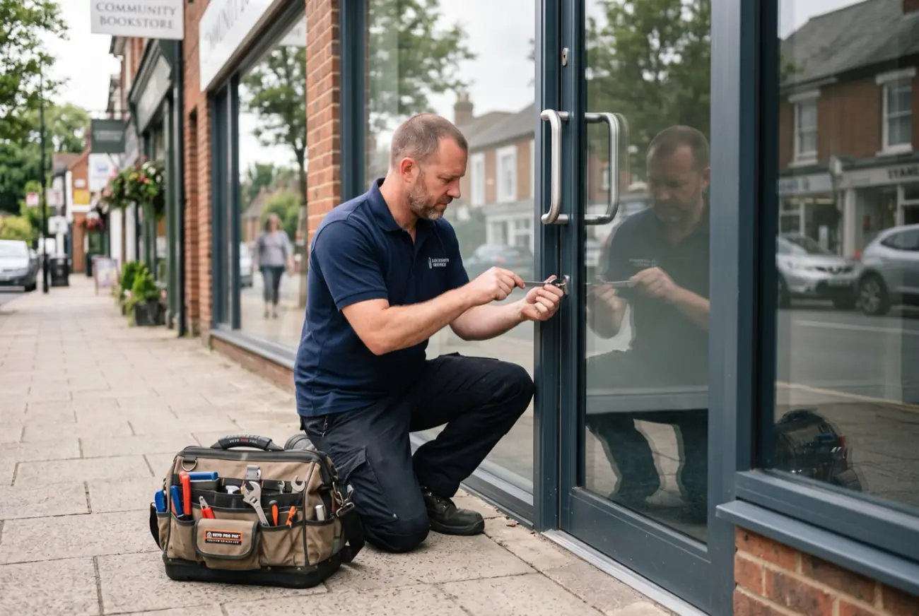 Cornelius Locksmith servicing a commercial storefront door lock