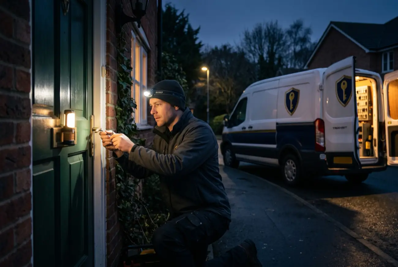 Cornelius Locksmith working a lock at night with a service van at the curb