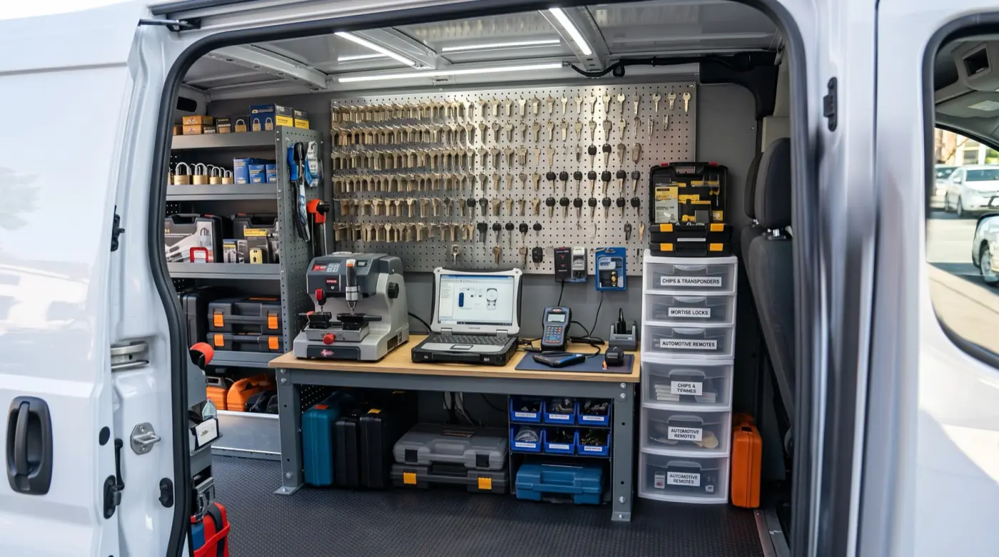 Key blanks and key-cutting equipment inside the Cornelius Locksmith work van