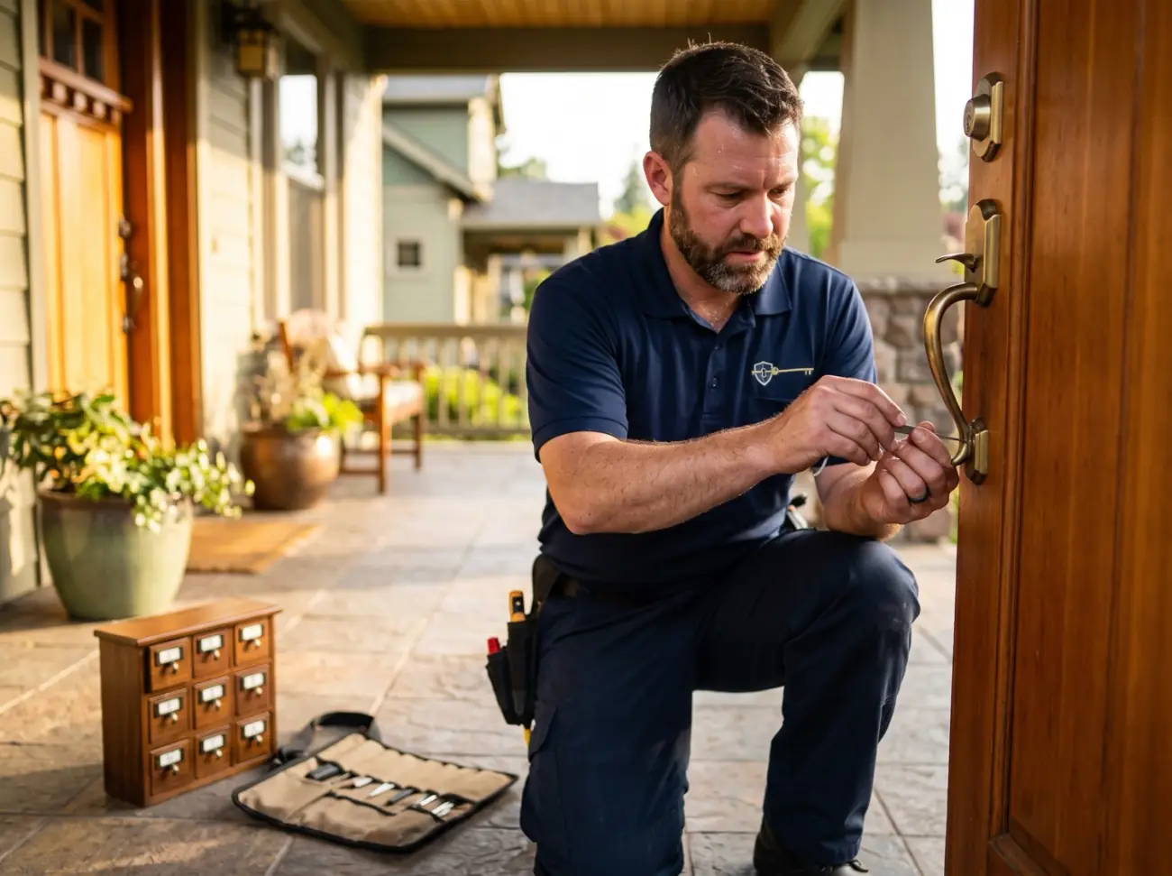 Cornelius Locksmith rekeying a deadbolt at a Cornelius, Oregon home